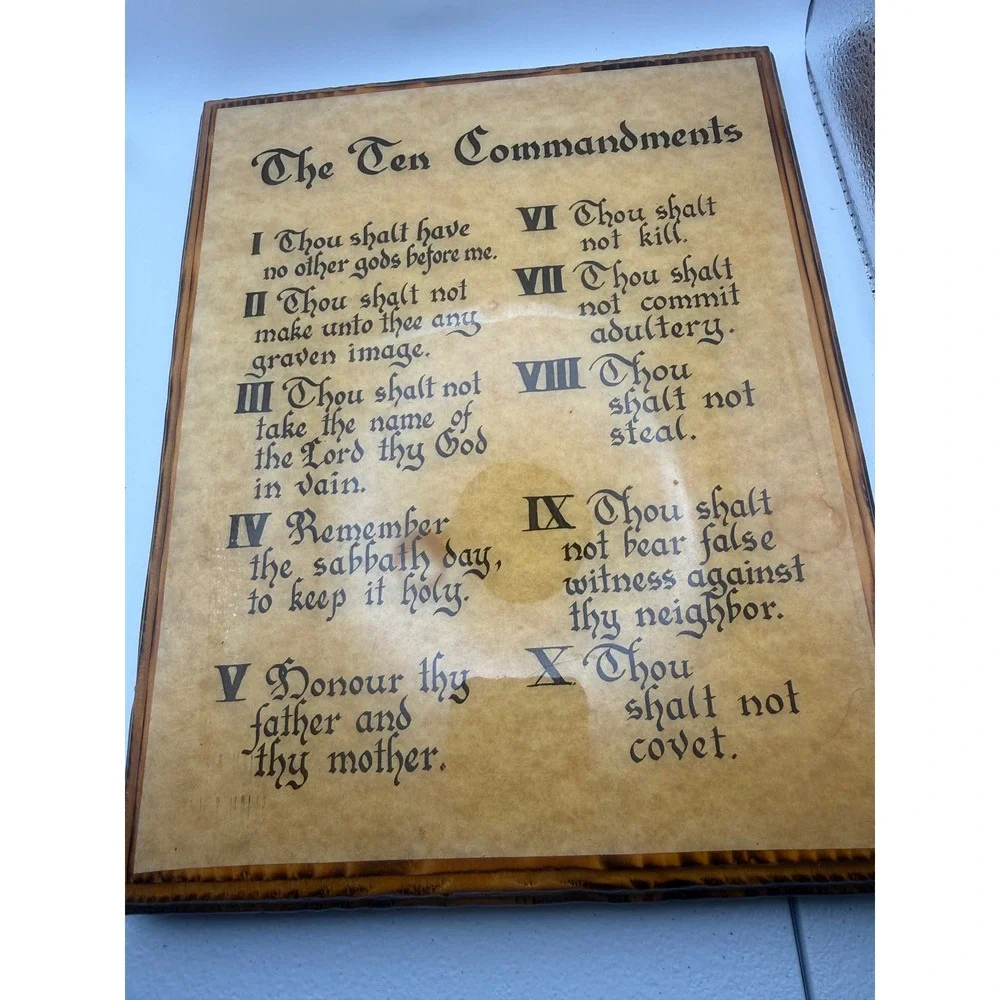 Vintage Ten Commandments Wood Plaque Wall Art Christian Home Decor Brown